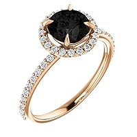 Love Band 1 CT Halo Genuine Black Diamond Engagement Ring 14k Rose Gold, Halo Round Shape Black Onyx Ring, Halo Black Diamond Micro Pave Ring, Classic Rings For Her
