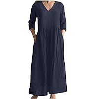 Plus Size Women Cotton Linen 3/4 Sleeve Babydoll Shirt Dress Summer V-Neck Pleated Casual Loose Fit A-Line Dresses