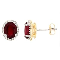 10k Yellow Gold Diamond Natural Ruby Halo Stud Earrings Oval 7x5 mm