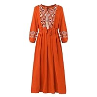 Vintage Chic Floral Dress:Women's Embroidered Sleeves,Beach Boho Linen Maxi,V-Neck Vestidos