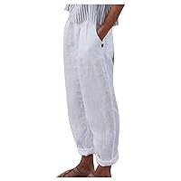 Striped Linen Pants Women,Summer Pants Linen Elastic Waist Pants Casual Side Button Trendy Pants Loose Trousers Pants