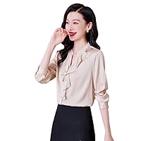 Women's Silk Long Sleeve Lace Collar Blouses Solid Button Office Lady Work Shirts