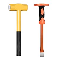 3lb Sledge Hammer & Flat Chisel with Hand Protection for Tile/Rock/Masonry/Concrete/Brick/rockhounding, Mason Flat Head Chisel & Small Drilling Hammer with Anti-Slip Handle