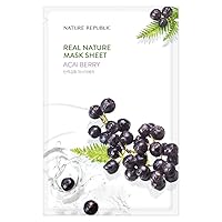 Real Nature Acai Berry Extract Sheet Mask, 10pcs x 23ml/0.77fl.oz - Moisturizing, Wrinkle Reduce, UV Protect, Collagen Boost, Glossy Shine