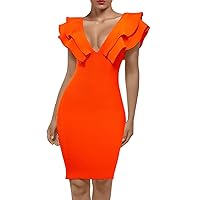 UONBOX Women's Ruffle Short Sleeve Plunge V Neck Bodycon Dress Back Split Bandage Party Club Dress