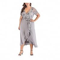 Dress Women's Plus Size V-Neck Mesh Stitching Ruffled Irregular High Waist Party Dress