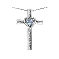 14k White Gold Two Tone Love Cross with Heart Stone Pendant Necklace