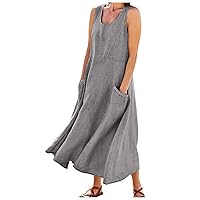 Linen Dresses for Women 2024 Solid Color Classic Casual Loose Fit with Sleeveless U Collar Pockets Summer Dress