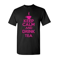 Keep Calm and Drink Tea Novelty Statement Unisex Adult T-Shirt Tee (X Large, Black w/NeonPink)