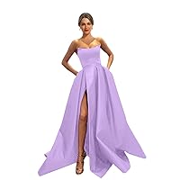 MllesReve Womens Long Strapless Satin Prom Dress Sleeveless Slit Evening Ball Gown with Pockets