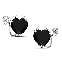 Lovely (6MM) Heart Shaped CZ Black & White Diamond Devil Heart Stud Earrings For Women's & Girls .925 Sterling Silver