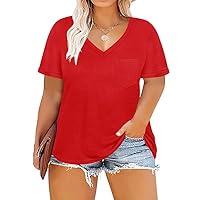 RITERA Plus Size Tops for Women Summer T Shirts V Neck Short Sleeve Casual Loose Basic Tee Tops with Front Pocket Red 3XL 22W 24W
