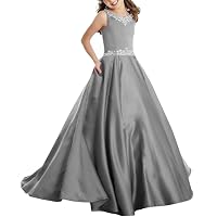 Girl's Satin Beaded Pageant Dress with Pockets A Line Off Shoulder Princess Ball Gown