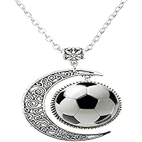 Black White SOCCER BALL Glass Art photo Moon Necklace Man Woman Jewelry as Gifts