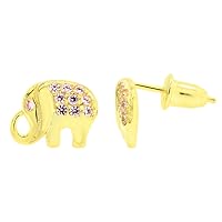Tiny Elephant Stud Earrings In 925 Sterling Silver Round Cut Simulated Pink Tourmaline