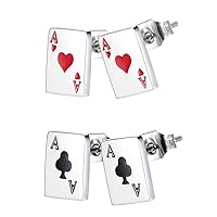 4pcs Stainless Steel RedBlakc Spade Aces Playing Cards Poker Player Stud Earrings for Men Women Teens 2 Pairs, Black