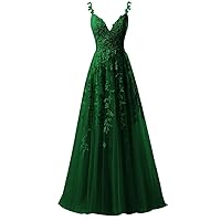 PEIYJYUSP Tulle Lace Appliques V Neck Prom Dresses A Line Wedding Bridesmaid Prom Dress for Teens Ball Gown