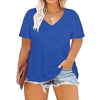 RITERA Plus Size Tops for Women Summer T Shirts V Neck Short Sleeve Casual Loose Basic Tee Tops with Front Pocket Blue 3XL 22W 24W