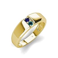 Round Blue Sapphire & Blue Diamond 0.21 ctw High Polished 2 Stone Men Wedding Band 14K Gold