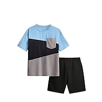 SweatyRocks Boy's Colorblock 2 Piece Outfits Round Neck Short Sleeve Tee Top and Shorts Set