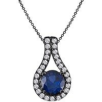 Created Round Cut Blue Sapphire & White Diamond 925 Sterling Silver 14K Gold Over Diamond Halo Pendant Necklace for Women's & Girl's