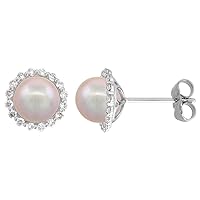 14k White Gold Diamond Halo and Freshwater Pearl Stud Earrings Round 7.5mm 3/8 inch wide