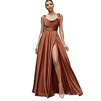 Cowl Neck Satin Prom Dresses Long with High Slit Spaghetti Straps Open Back Formal Evening Gowns for Women R010