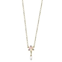 1928 Jewelry Women's Gold Tone Crystal Ivory And Pink Porcelain Rose Faux Pearl Pendant Necklace 16