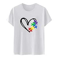 Puzzle Love Graphic Shirts Womens 2024 Autism Awareness Tops Short Sleeve Crewneck Autism Support Tee Blouses