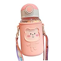 Water Bottle, Cute 20oz Water Bottle with Straw and Stickers, BPA Free Plastic Bear Water Bottle with Holder, Frothing Pitcher