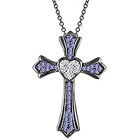 Created Heart Cut Tanzanite 925 Sterling Silver 14K Gold Over Diamond Heart Cross Pendant Necklace for Women's & Girl's