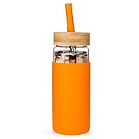Tronco 20oz Glass Water Bottle with Bamboo Lid, Reusable Glass Water Tumbler with Straw and Silicone Sleeve, Glass Boba Cup,Leak Proof, BPA Free,Dishwasher Safe