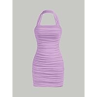 Dresses for Women - Halterneck Backless Ruched Mesh Bodycon Dress (Color : Lilac Purple, Size : Medium)