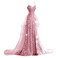 CWOAPO Spaghetti Straps Sequin Prom Dresses for Women Long Slit Ball Gown Mermaid Formal Dress with Tulle Train