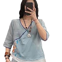 Autumn Women Embroidery Floral Shirts Chinese Style Belt Tops Ramie High Blouses Hanfu V-Neck Loose