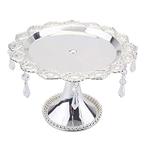 CHUNCIN - Antique Metal Cake Dessert Stand, with Acrylic Crystal and Bead Decoration Base, Round Cupcake Holder, Wedding Birthday Party Pedestal Display Plate,Silver