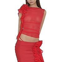 Sexy Floral Tank Top for Women Y2k Ruffle Backless Ruched Halter Crop Top Sleeveless One Shoulder Vest Top