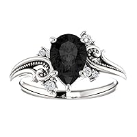 Trendy Filigree Black 3 CT Pear Shape Engagement Ring 10k White Gold, Leaf Twig Tear Drop Black Onyx Ring, Woodland Pear Shape Black Diamond Ring, Perfact for Gift