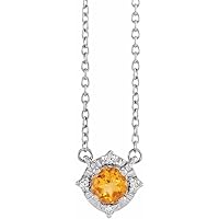 925 Sterling Silver Round Natural Citrine 4.5mm 0.04 Carat Diamond I2 H+ 18 Inch Polished and .04 Neckl Jewelry for Women