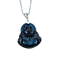 Laughing Buddha Black Jade Pendant Silver Necklace Rope Chain Genuine Certified Grade A Jadeite Jade Hand Crafted, Jade Necklace, 14k Laughing Jade Buddha necklace, Jade Medallion