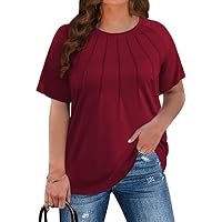 CARRROTMOB Plus Size Blouses for Women Pleated Casual Short Sleeve Round Neck Shirts Dressy Loose Summer Tops