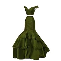 VeraQueen Women's Off Shoulder Sleeveless Mermaid Prom Dress Two Piece Tiered Evening Gowns Bridesmaid Dresses Army Green