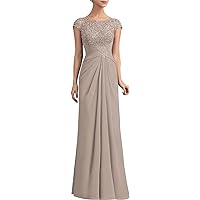 A-Line Chiffon Mother of The Bride Dresses for Wedding Long Lace Prom Dress Cap Sleeves Scoop Neck Evening Party