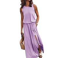 Summer Casual Dress Women Sleeveless Long Maxi Dress Side Slit Designer Style Sundress Female Solid Loose Dress