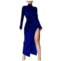 Long Sleeve Velvet Dress for Women Solid High Neck Side Slit Elegant Bodycon Cocktail Party Maxi Dress Long Dresses