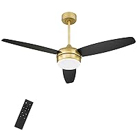 YOUKAIN Modern Ceiling Fan, 52 Inch Gold Ceiling Fan with Light and Remote Control, LED Ceiling Fan with 3 Matte Black Blades for Living room, Bedroom, Bathroom, 52-YJ273-BK