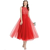 Bridesmaid Dresses Sleeveless lace Tulle Round Neck Tea Length Party Dress