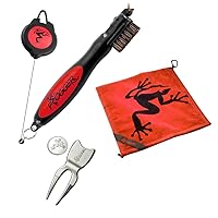 Frogger BrushPro, Amphibian Towel, and HOP! Divot Tool Bundle - Golf Brush and Groove Cleaner, Wet/Dry Golf Towel, and Magnetic Ball Marker - Golf Course Essentials, Red