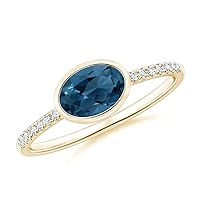 London Blue Topaz Bezel Set Oval 7x5mm East-West Ring With Side Accents | Sterling Silver 925 With Rhodium Plated | Beautiful Ring For Girls And Woman's For Any Occasional.