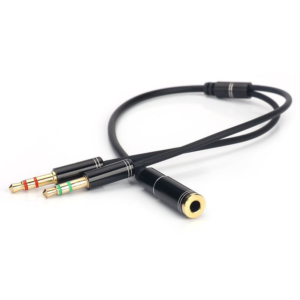 NANYI 3.5mm 4 Pin Female to 2x3.5mm 3 Pin Male Headphone Converter Head Audio Splitter Y Adapter Cable, 0.3M 1FT (Black)